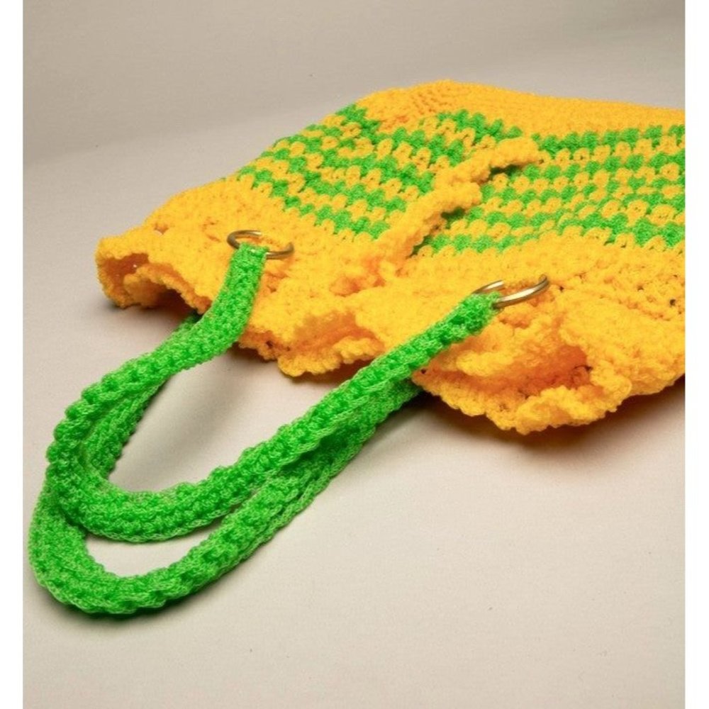 Tote Market Bag Bright Bold Stripes Yellow Green Woven Artisan Handmade